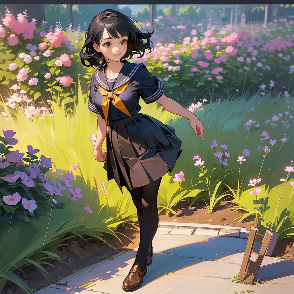 (Highest quality, High resolution, Super detailed, Realistic:1.37), Peaceful atmosphere, (Outdoor, garden), Teenage girl standing alone,(my breasts are big.),Beautifully detailed features, Cute Smile, ((Black bob hair)),Short-sleeved sailor uniform, Pleated skirt,Black tights,Brown leather shoes.