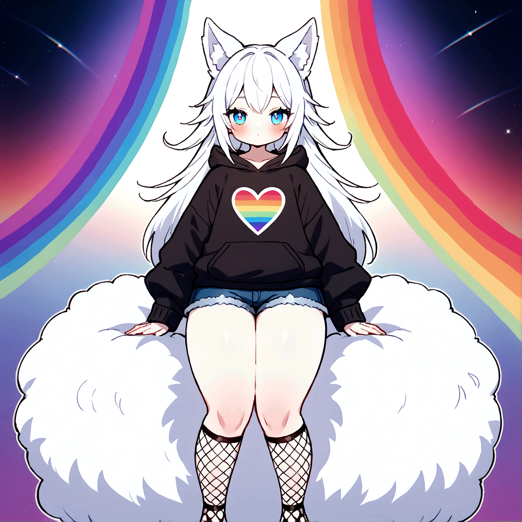 a sticker of a cute adult male with wolf ears, long white hair, long locks, has a wolf tail, wearing a loose cropped black hoodie, wearing a pair of denim short shorts and fishnet stockings, thick thighs, wide hips, relaxing on mound of fluffy multi colored kawaii plushies, short, very slim, showing slender tummy, heart on hoodie, squishy thighs, has glowing blue eyes. alone, solo (ALONE)(SOLO), surrounded by rainbows, colorful galaxy backround