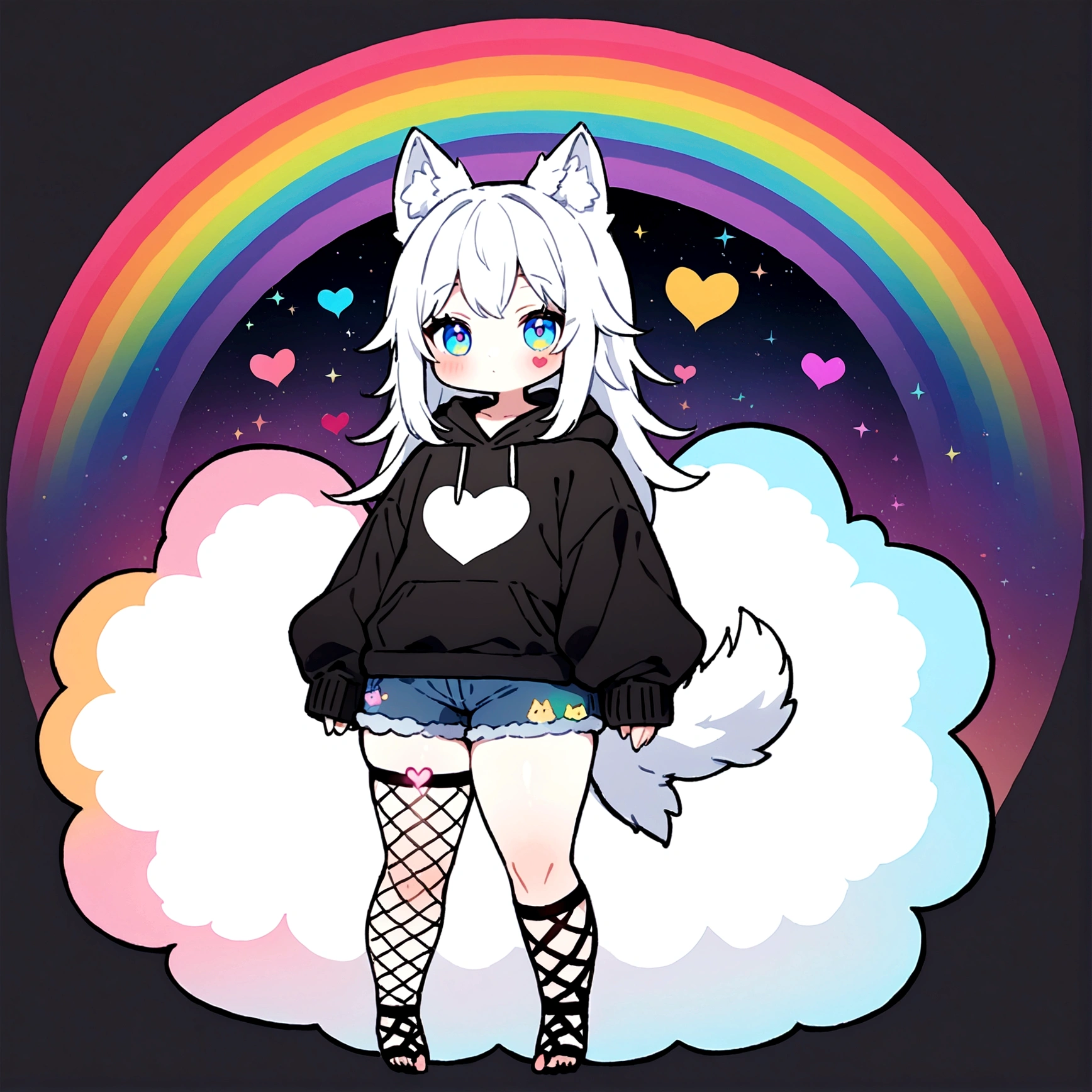 a sticker of a cute adult male with wolf ears, long white hair, long locks, has a wolf tail, wearing a loose cropped black hoodie, wearing a pair of denim short shorts and fishnet stockings, thick thighs, wide hips, relaxing on mound of fluffy multi colored kawaii plushies, short, very slim, showing slender tummy, heart on hoodie, squishy thighs, has glowing blue eyes. alone, solo (ALONE)(SOLO), surrounded by rainbows, colorful galaxy backround