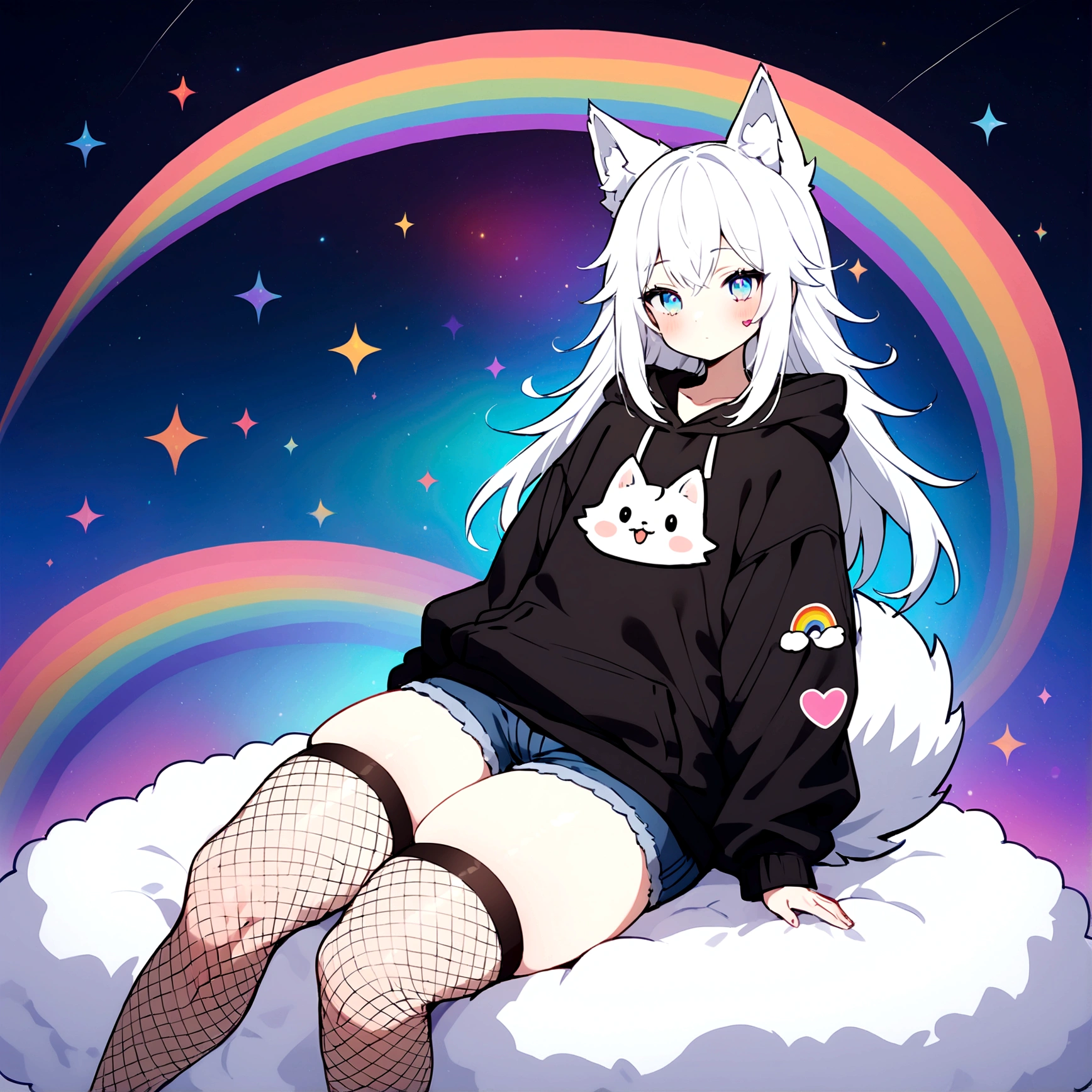 a sticker of a  cute adult male with wolf ears, long white hair, long locks, has a wolf tail, wearing a loose cropped black hoodie, wearing a pair of denim short shorts and fishnet stockings, thick thighs, wide hips, relaxing on mound of fluffy multi colored kawaii plushies, short, very slim, showing slender tummy, heart on hoodie, squishy thighs, has glowing blue eyes. alone, solo (ALONE)(SOLO), surrounded by rainbows, colorful galaxy backround