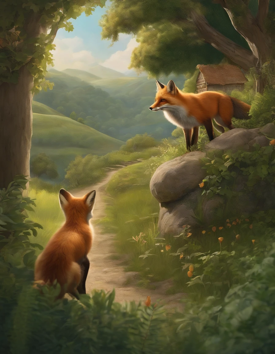 There's a boy looking at a fox from afar and the fox is behind a plant. the boy watches the fox from a distance without approaching it, just behind him is a village.