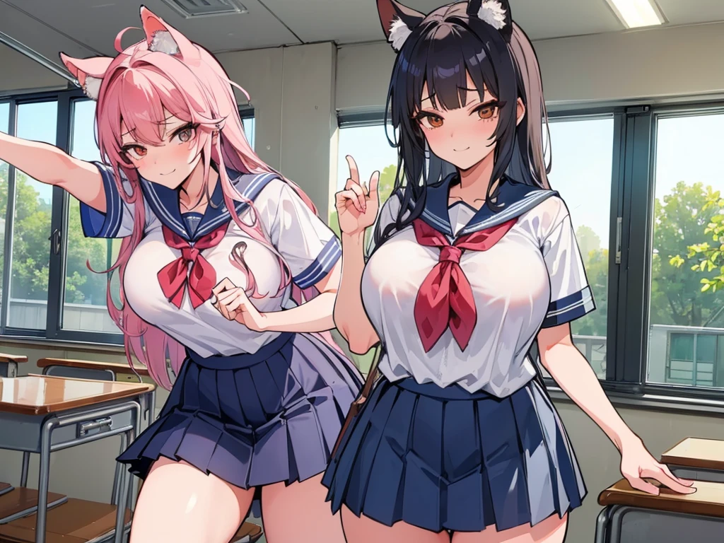 high school girl、School classroom、((Big Breasts))、((((独奏))))、smirk、1 girl、from below、With a cheek cane