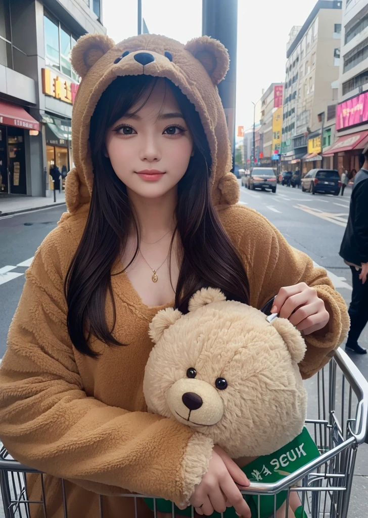 (Realistic, photo-Realistic:1.37),(8K, RAW Photos, Highest quality, masterpiece:1.2), cute, Ultra-detailed, 超High resolution, Kodak Vision Color, Filmed with an Arricam LT camera,Highest quality, Lively, 8K, High resolution, 1 girl, Escape, (Professional Lighting), (Portraiture:0.6), Black Hair, (Medium Hair),21 years old、slender、supermarket、Push the cart、Go shopping、Surrounded by a variety of ingredients、Pushing a shopping cart、 Long Hair, Modern photography, wear (bear costume), (Portraiture), cuteクマのワンジーパジャマ, Super soft light brown plush fabric, debtわdebtわフード, cuteクマの頭巾, (35mm, debt/2.8) Photo , Aperture, Highly detailed and exquisite, character, Hypermaximalist, beautiful, reveal, Charm, Charm, Affectionate, Ultra-realistic, Very detailed, beautiful woman, ((Fine grain)), Long eyelashes, (Glossy Lips), topless、