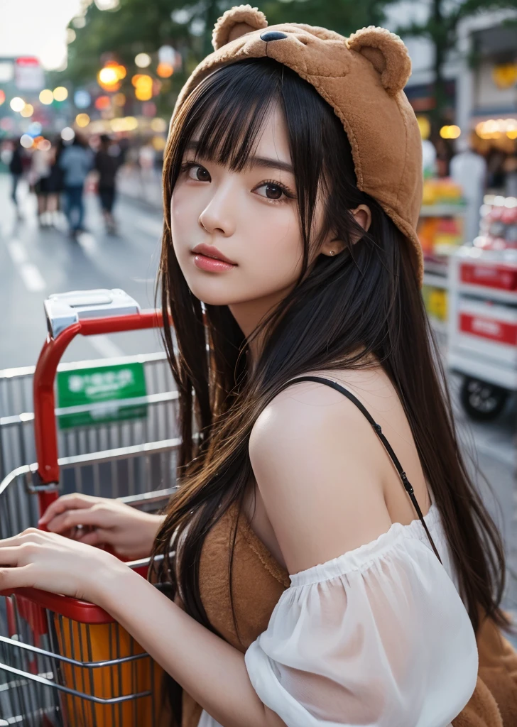 (Realistic, photo-Realistic:1.37),(8K, RAW Photos, Highest quality, masterpiece:1.2), cute, Ultra-detailed, 超High resolution, Kodak Vision Color, Filmed with an Arricam LT camera,Highest quality, Lively, 8K, High resolution, 1 girl, Escape, (Professional Lighting), (Portraiture:0.6), Black Hair, (Medium Hair),21 years old、slender、supermarket、Push the cart、Go shopping、Surrounded by a variety of ingredients、Pushing a shopping cart、 Long Hair, Modern photography, wear (bear costume), (Portraiture), cuteクマのワンジーパジャマ, Super soft light brown plush fabric, debtわdebtわフード, cuteクマの頭巾, (35mm, debt/2.8) Photo , Aperture, Highly detailed and exquisite, character, Hypermaximalist, beautiful, reveal, Charm, Charm, Affectionate, Ultra-realistic, Very detailed, beautiful woman, ((Fine grain)), Long eyelashes, (Glossy Lips), topless、