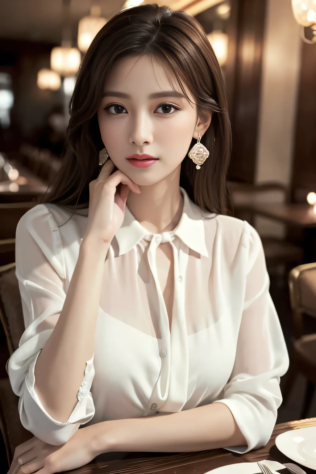 masterpiece, Highest quality, Realistic, Very detailed, Finer details, High resolution, 8k wallpaper, One beautiful woman, Wear an elegant white see-through blouse, In a great restaurant, At night, Light brown messy hair, Perfect dynamic composition, Beautiful and beautiful eyes、Big earrings、Sit on a chair、