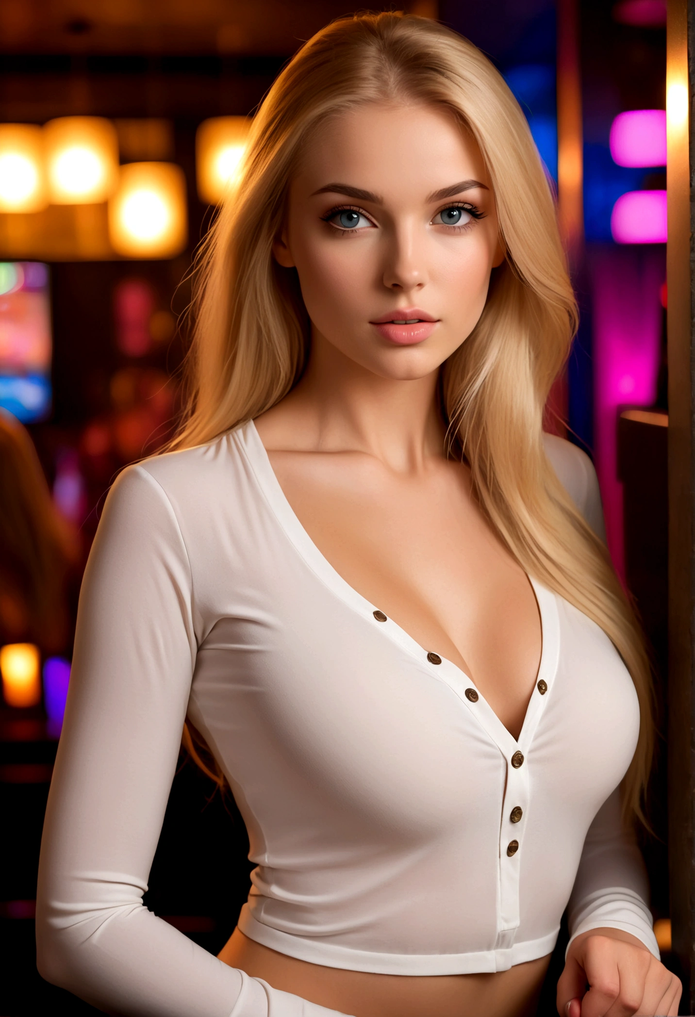 professional, (4k photo:1.1), (Sharp focus:1.3), high detail, wearing (tight shirt:1.2), beautiful detailed face, gorgeous eyes, long blonde hair, (attractive young woman:1.3), (seductive:1.1), (blushing:1.1), hourglass body shape, perfect hands, Small natural breasts, wide hips, night club background
