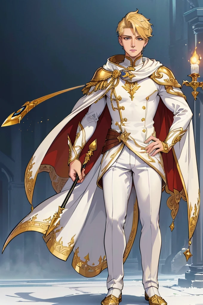 (masterpiece, best quality, high resolution, ((full body, standing,)),1(masterpiece, best quality, high resolution, ((full body, standing,)) ,1 young man, athletic body, very short blonde hair, white fantasy aristocratic clothing with gold details, white aristocratic cape, holding a fantasy rapier,
((full body))