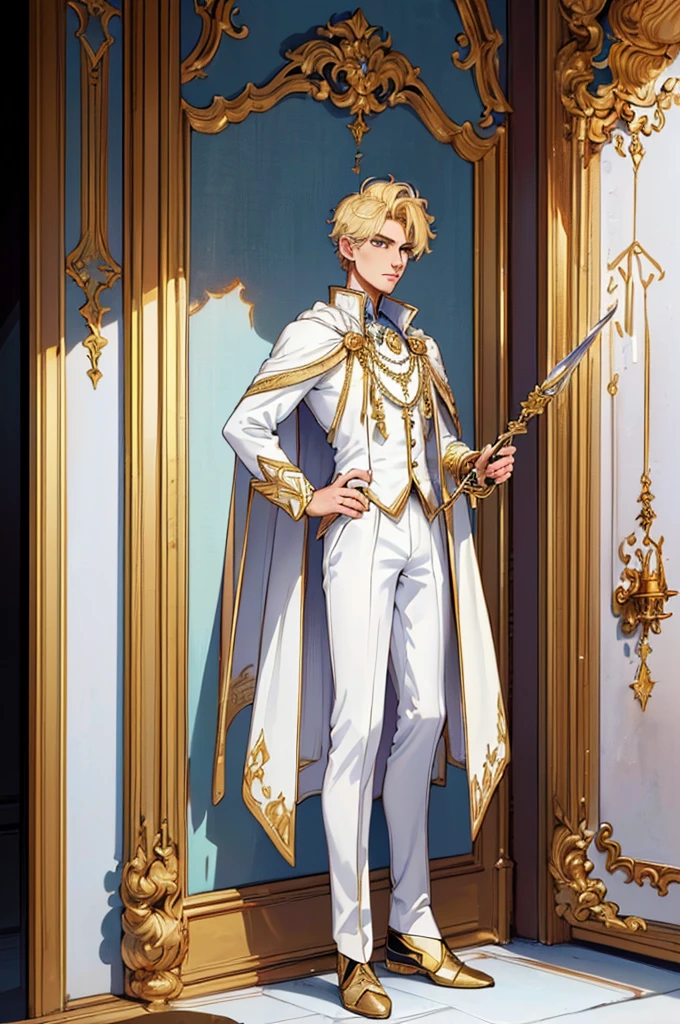 (masterpiece, best quality, high resolution, ((full body, standing,)),1(masterpiece, best quality, high resolution, ((full body, standing,)) ,1 young man, athletic body, very short blonde hair, white fantasy aristocratic clothing with gold details, white aristocratic cape, holding a fantasy rapier,
((full body))
