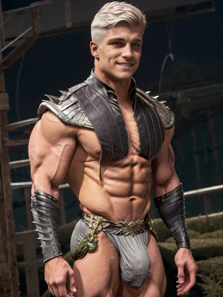 Photorealistic, Hero Super Bulge, ((best quality)), ((masterpiece)), (detailed),masculine portrait of a hero with the power of bulge, (Hero outfit), smile, 18-year-old male models, handsome, tall, manly looking, bearded, powerful, young male, handsome model, light green eyes, short hair, buzz cut, (short curly messy silver white hair:1.2), messy curly hair, muscular, fit, six pack, torn hero outfit, hairy barechested, half , bulge, ripped, night, (Dark city background:1.6) 8k, high detailed, ultra-detailed, Stylish Pose, real skin texture, dark cinematic lighting