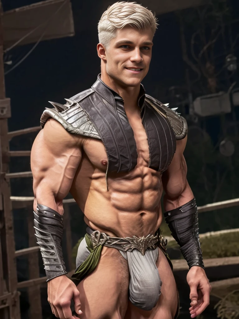 Photorealistic, Hero Super Bulge, ((best quality)), ((masterpiece)), (detailed),masculine portrait of a hero with the power of bulge, (Hero outfit), smile, 18-year-old male models, handsome, tall, manly looking, bearded, powerful, young male, handsome model, light green eyes, short hair, buzz cut, (short curly messy silver white hair:1.2), messy curly hair, muscular, fit, six pack, torn hero outfit, hairy barechested, half naked, bulge, ripped, night, (Dark city background:1.6) 8k, high detailed, ultra-detailed, Stylish Pose, real skin texture, dark cinematic lighting