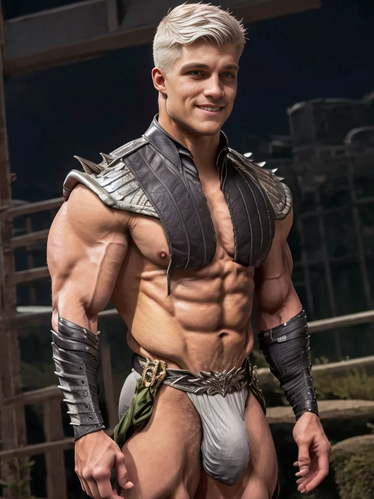 Photorealistic, Hero Super Bulge, ((best quality)), ((masterpiece)), (detailed),masculine portrait of a hero with the power of bulge, (Hero outfit), smile, 18-year-old male models, handsome, tall, manly looking, bearded, powerful, young male, handsome model, light green eyes, short hair, buzz cut, (short curly messy silver white hair:1.2), messy curly hair, muscular, fit, six pack, torn hero outfit, hairy barechested, half naked, bulge, ripped, night, (Dark city background:1.6) 8k, high detailed, ultra-detailed, Stylish Pose, real skin texture, dark cinematic lighting