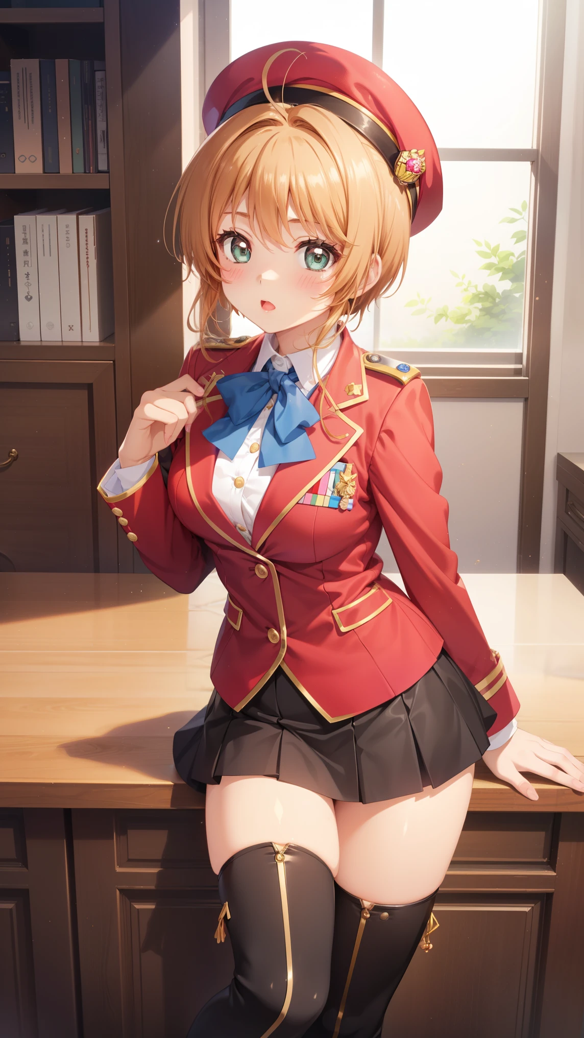 masterpiece, best quality, highres, 1girl, detailed face, blush, anime CG style, (medium breasts), (18 year old girl:1.3), (aged up), good lighting, perfect body, sakura kinomoto, glossy lips, blush, blazer, miniskirt, thigh boots, military hat