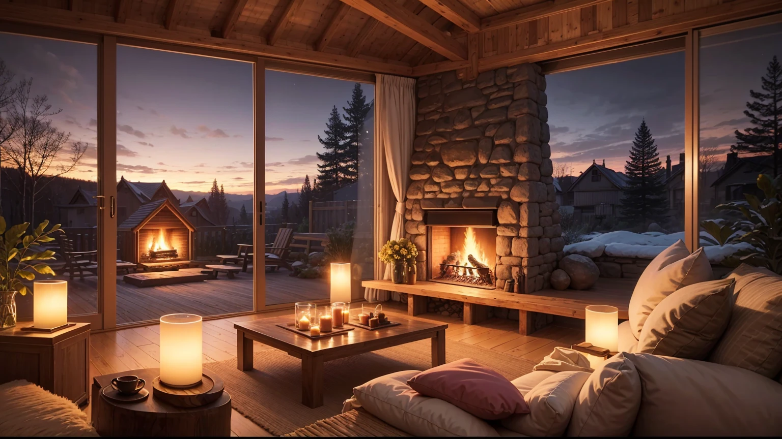 Cartoon background of wooden house living room, This night outside](Comfortable atmosphere), (subtle lighting), Bright stone fireplace fire, This is the best night, Transparent glass window