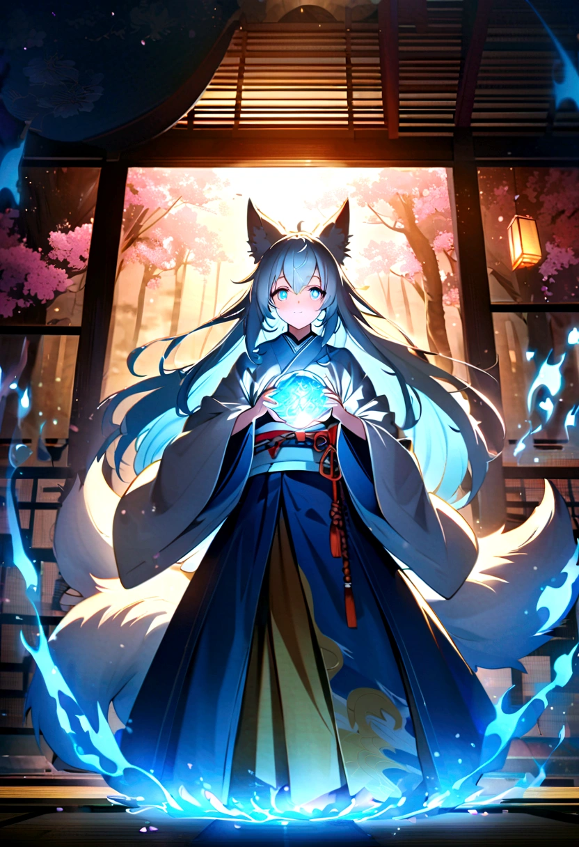 Anime Style fox blue White-faced golden-haired nine-tailed fox Coat blue mysterious background Blue Flame girl have a ball of light Light blue hair beast girl indigo fur fox beast girl Wallpaper 4k,8k,highly detailled,,vivid colors,detailed kitsune with 9 tails,traditional Japanese artwork,tatami floor,beautiful cherry blossoms,floating lanterns,dark silhouette of a pagoda,subtle moonlight,dense forest,ethereal atmosphere,dappled sunlight,whimsical spirit,serene expression,elaborate kimono and obi,delicate hand-painted details,luminous eyes Anime Style fox blue White-faced golden-haired nine-tailed fox Coat blue Anime Style fox blue White-faced golden-haired nine-tailed fox Coat blue mysterious background Blue Flame girl have a ball of light mysterious background Blue Flame girl have a ball of light