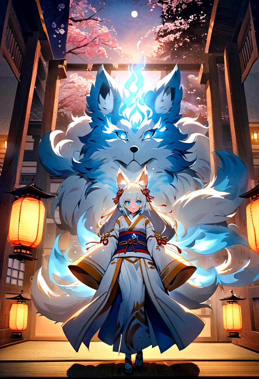 Anime Style　fox　blue　White-faced golden-haired nine-tailed fox　Coat blue　　　mysterious background　Blue Flame　girl　have a ball of light　 Light blue hair 　beast girl　indigo fur　fox beast girl　Wallpaper 4k,8k,highly detailled,,vivid colors,detailed kitsune with 9 tails,traditional Japanese artwork,tatami floor,beautiful cherry blossoms,floating lanterns,dark silhouette of a pagoda,subtle moonlight,dense forest,ethereal atmosphere,dappled sunlight,whimsical spirit,serene expression,elaborate kimono and obi,delicate hand-painted details,luminous eyes　Anime Style　fox　blue　White-faced golden-haired nine-tailed fox　Coat blue　　Anime Style　fox　blue　White-faced golden-haired nine-tailed fox　Coat blue　　　mysterious background　Blue Flame　girl　have a ball of light　mysterious background　Blue Flame　girl　have a ball of light