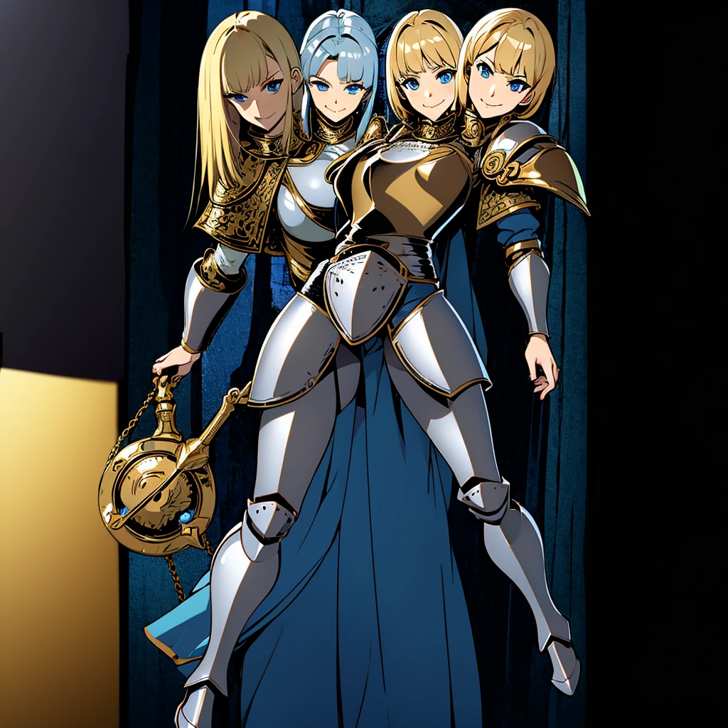 (masterpiece),(ultra-detailed), (high quality), (high resolution), (best quality:1.5, highres, UHD), highres, absurdo, ultra detail, ultra quality, (3heads:1.5), 1girl, ((golden blonde hair)), thighs, (gray armor), female warrior, (fully armored), (medieval outfit), (blue eyes), armored chest piece, gorgeous female knight, Guild Clothes with Armor, Fantasyart:1.5, (1 Female Knight:1.5), Detailed and detailed depiction armor, (seductive smirk)