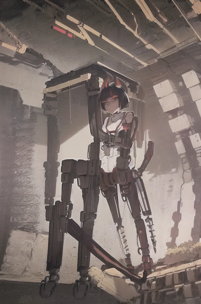 ((masterpiece, best quality)), (1girl), (solo), (((female focus))), (Furry), ((Anime art style)), (((Singular red horn on the left side of her head))), ((half human/half snake hybrid female)), (((Messy bob-cut with bangs))), (((big eyebrows))), (((snake eyes))), ((((((mechanical limbs attached to limbless female body)))))), (((mechanical exo-suit with harness)))