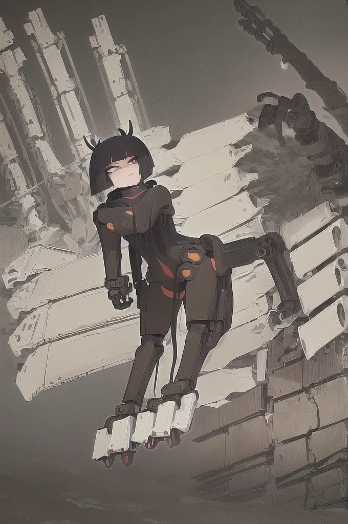 ((masterpiece, best quality)), (1girl), (solo), (((female focus))), (Furry), ((Anime art style)), (((Singular red horn on the left side of her head))), ((half human/half snake hybrid female)), (((Messy bob-cut with bangs))), (((big eyebrows))), (((snake eyes))), ((((((mechanical limbs attached to limbless female body)))))), (((mechanical exo-suit with harness)))