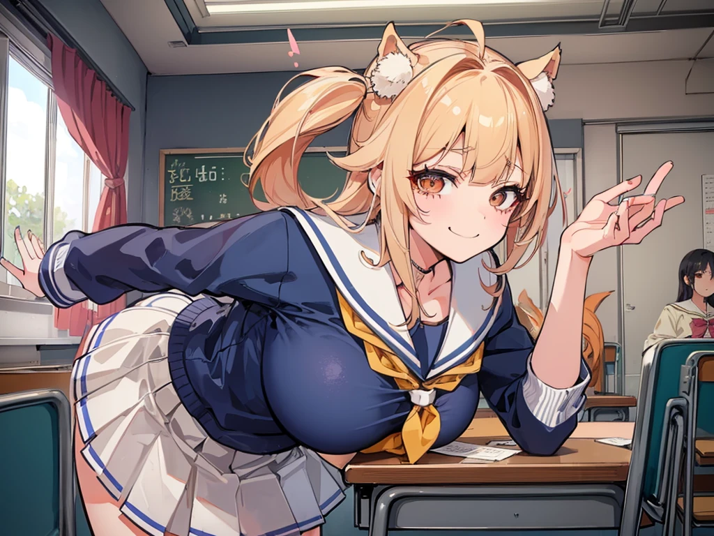 high school girl、School classroom、((Big Breasts))、((((独奏))))、smirk、1 girl、from below、With a cheek cane