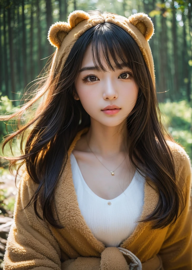 (Realistic, photo-Realistic:1.37),(8K, RAW Photos, Highest quality, masterpiece:1.2), cute, Ultra-detailed, 超High resolution, Kodak Vision Color, Filmed with an Arricam LT camera,Highest quality, Lively, 8K, High resolution, 1 girl, Escape, (Professional Lighting), (Portraiture:0.6), Black Hair, (Medium Hair),21 years old、slender、 Long Hair, Modern photography, wear (bear costume), (Portraiture), cuteクマのワンジーパジャマ, Super soft light brown plush fabric, debtわdebtわフード, cuteクマの頭巾, (35mm, debt/2.8) Photo , Aperture, Highly detailed and exquisite, character, Hypermaximalist, beautiful, reveal, Charm, Charm, Affectionate, Ultra-realistic, Very detailed, beautiful woman, ((Fine grain)), Long eyelashes, (Glossy Lips), In the mountains、forest、hiking、Lots of trees、Sunlight filtering through the trees、