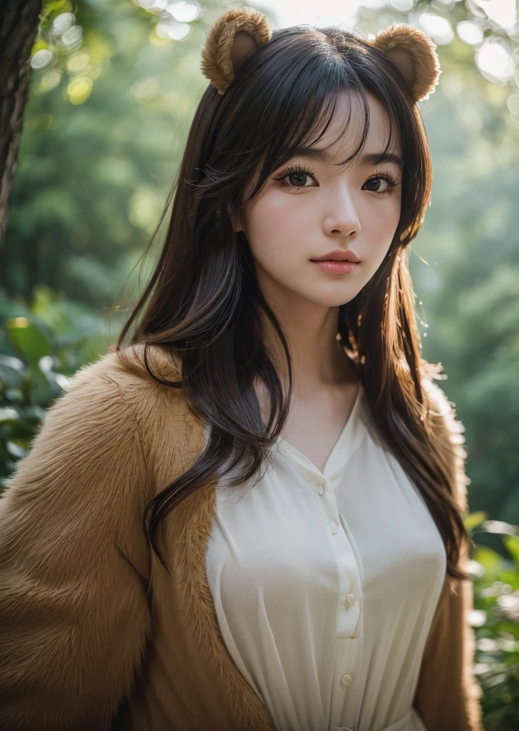 (Realistic, photo-Realistic:1.37),(8K, RAW Photos, Highest quality, masterpiece:1.2), cute, Ultra-detailed, 超High resolution, Kodak Vision Color, Filmed with an Arricam LT camera,Highest quality, Lively, 8K, High resolution, 1 girl, Escape, (Professional Lighting), (Portraiture:0.6), Black Hair, (Medium Hair),21 years old、slender、 Long Hair, Modern photography, wear (bear costume), (Portraiture), cuteクマのワンジーパジャマ, Super soft light brown plush fabric, debtわdebtわフード, cuteクマの頭巾, (35mm, debt/2.8) Photo , Aperture, Highly detailed and exquisite, character, Hypermaximalist, beautiful, reveal, Charm, Charm, Affectionate, Ultra-realistic, Very detailed, beautiful woman, ((Fine grain)), Long eyelashes, (Glossy Lips), In the mountains、forest、hiking、Lots of trees、Sunlight filtering through the trees、