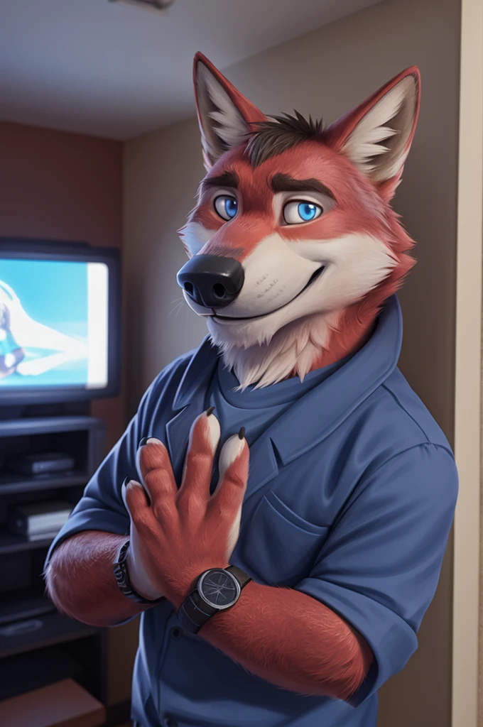 Ivan Fedorovich Wolfbach (Novosibirsk) ,tall handsome, wolf,young, 24 years, brown fur,Kind,(red body:1.3),beautiful blue eyes,Novosibirsk,dressed,shirtplaid, jeans,socks,canine, wolf, detailed fur, male, second, paw pads, finger claws,At the viewer, 5 fingers, paws, 5 fingers, smile, wrist watch, т nextel,by xenoforge, (difficult, high detail, digital photography, soft focus, RAW variety дома, apartment,TV,wall,TV,Very close to the camera, variety,Novosibirsk, smile, good mood, positive, Very close to the camera, 
Photorealism, realistic, photorealistic, digital style, Subsurface scattering,I look at the viewer,
masterpiece, Best quality, ultra realistic, 8 thousand.)