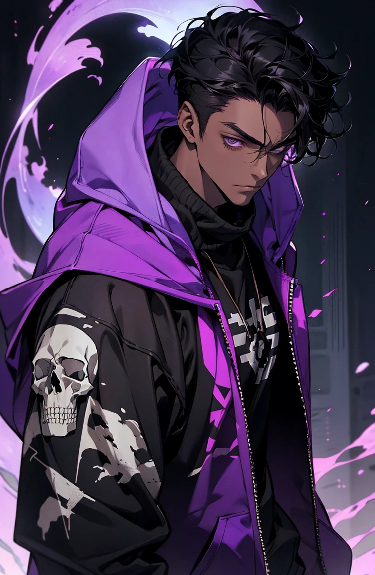 male with bones, looking away from camera, skulls, bones, handsome, black, dark skin, tall, broad shoulders, black hair, purple, purple fire, magic, detailed face, fantasy, hoodie