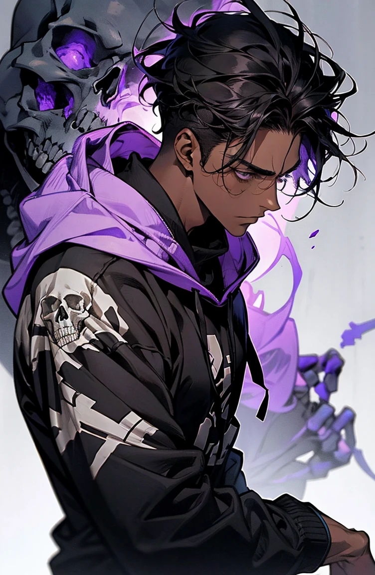 male with bones, looking away from camera, skulls, bones, handsome, black, dark skin, tall, broad shoulders, black hair, purple, purple fire, magic, detailed face, fantasy, hoodie