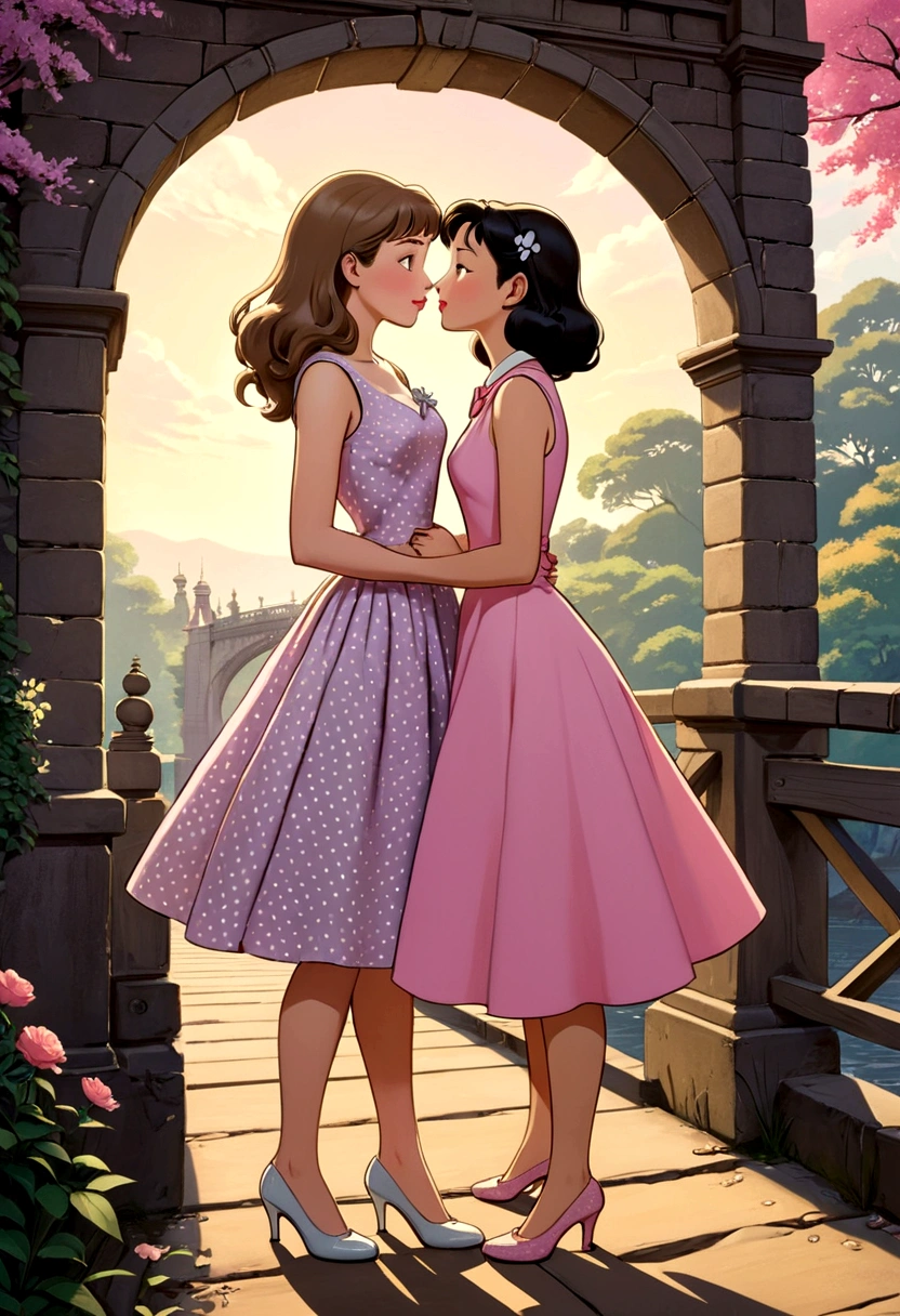 Name "The Loyal Pin (Sarocha Chankimha & Rebecca Armstrong)" in an elegant and dynamic font written in 3D. A captivating and tender anime-style illustration of two women, in love, standing on a beautiful old bridge, facing each other. The first woman is a beautiful young woman with British features (Anin), semi-long light brown hair held on one side by a delicate barrette, and she is wearing a 1950s-style sleeveless dress in lilac with small white polka dots and low heels. She is about to mischievously kiss the second woman, a beautiful young woman with Asian features (Pin), long dark brown hair, who is dressed in a pastel pink 50s style sleeveless dress and low-heeled shoes. She seems to stay still, surprised and shy by the kiss they are about to give her.