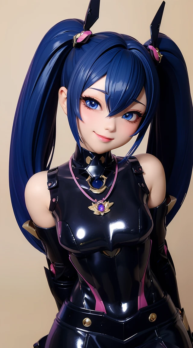 (masterpiece:1.3), (Best Quality:1.3), (Ultra-detailed:1.2), ((kawaii)), Cute, (lovely), ((sexy)), ((Extremely detailed)), 4K, (8K), Best Quality, (Beautiful), Illustration, anime style, (bold line:1.2), Gradation, looking at viewer, //, (bent down:1.1), (arms behind back), //, a cute girl, 1girl, (solo:1.2), gleaming skin, //, (flat chested), (Perfect eyes:1.2), (Perfect iris:1.2), //, darkblue hair color, (beautiful eyes) //, (half closed eyes:1.3), (sexual expression:1.2), Fascinated expression, smile, (blush:1.2), //, modern city background, on rock, twin tails, muscle girl, hard abs, exposed abs, NECKLACE, tight blouse, skirt, heavy armor suit, mecha musume, mechanical parts, robot joints