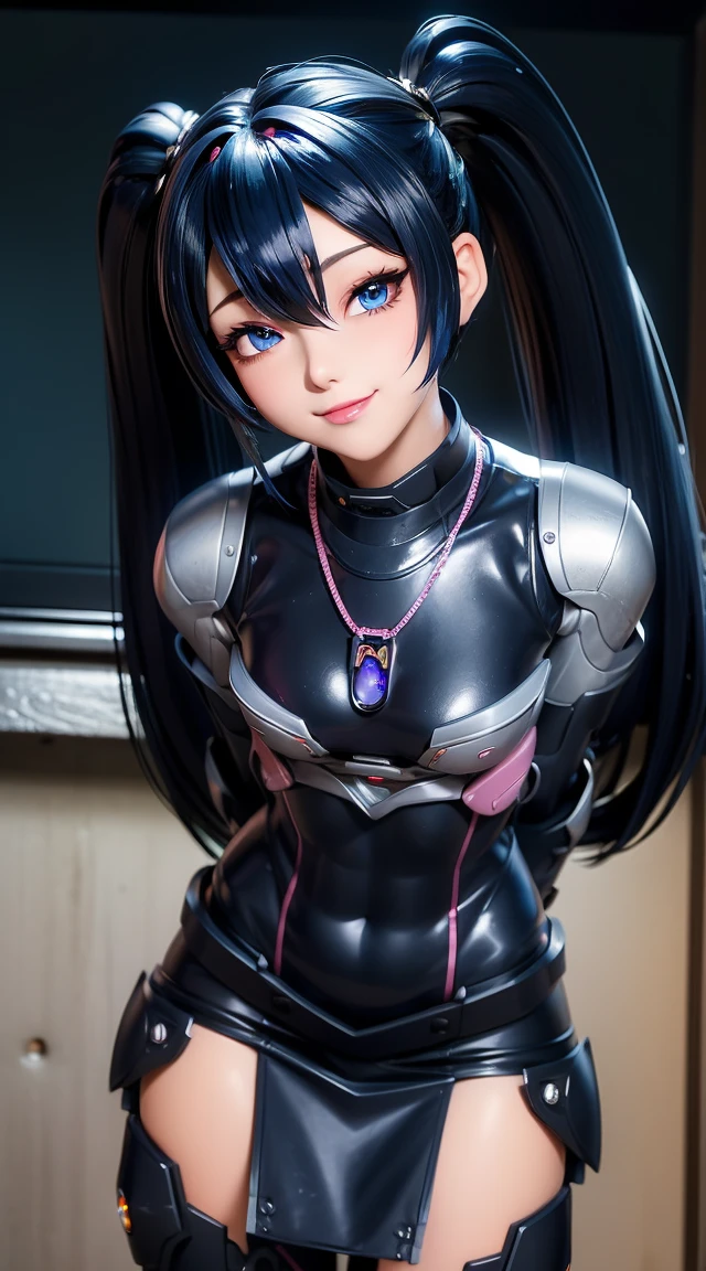 (masterpiece:1.3), (Best Quality:1.3), (Ultra-detailed:1.2), ((kawaii)), Cute, (lovely), ((sexy)), ((Extremely detailed)), 4K, (8K), Best Quality, (Beautiful), Illustration, anime style, (bold line:1.2), Gradation, looking at viewer, //, (bent down:1.1), (arms behind back), //, a cute girl, 1girl, (solo:1.2), gleaming skin, //, (flat chested), (Perfect eyes:1.2), (Perfect iris:1.2), //, darkblue hair color, (beautiful eyes) //, (half closed eyes:1.3), (sexual expression:1.2), Fascinated expression, smile, (blush:1.2), //, modern city background, on rock, twin tails, muscle girl, hard abs, exposed abs, NECKLACE, tight blouse, skirt, heavy armor suit, mecha musume, mechanical parts, robot joints