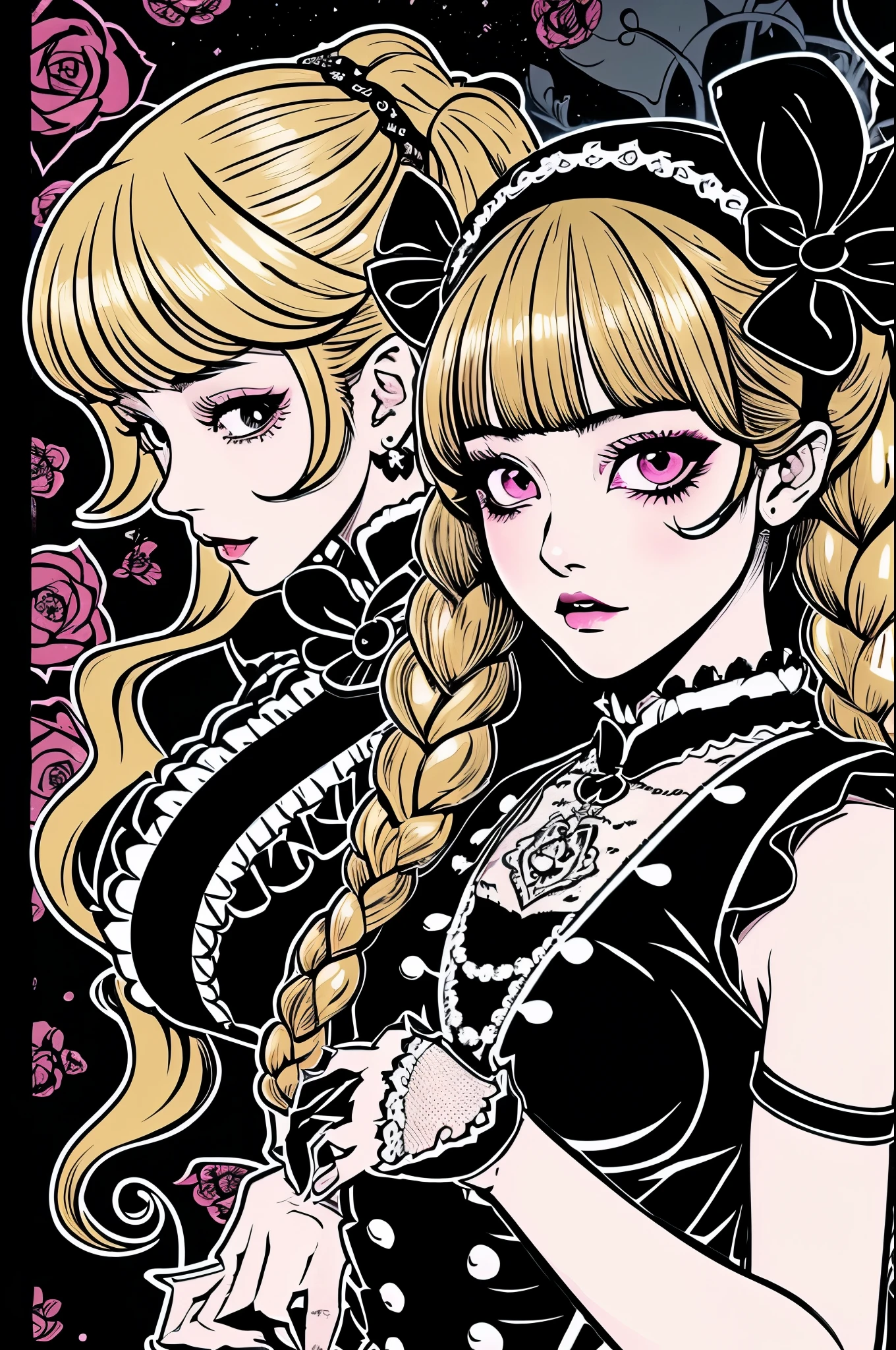 Beautiful Hardcore Illustration homepage illustration style, dark, high resolution, hard touch illustration, strong outline, two girls, gothic & lolita style, gothic & lolita fashion, 8k, American comic style, colorful background, Hiroyuki Nagasaka, aggressive, beautiful face, cool beauty, dress, beauty style, black color, battle, Hard illustration, blond hear,