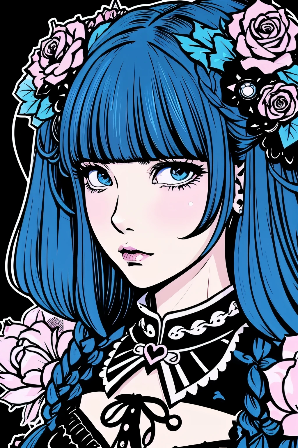 Beautiful Hardcore Illustration homepage illustration style, dark, high resolution, hard touch illustration, strong outline, two girls, gothic & lolita style, gothic & lolita fashion, 8k, American comic style, colorful background, Hiroyuki Nagasaka, aggressive, beautiful face, cool beauty, dress, beauty style, blue color, battle, Hard illustration, blue&pink hear,