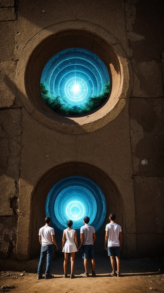 Three friends standing next to a portal to another world
