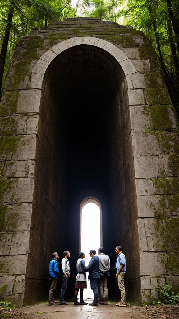 Three friends standing next to a portal to another world 