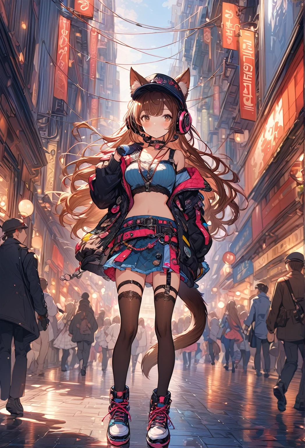 ((masterpiece:0), best quality, aesthetic, mid, absurdres, detailed, high quality)
BREAK
highest quality, top quality, details, highres, ultra fine painting, digital art, official art, cinematic, 4k, 8k resolution, 8K CG wallpaper, CG, original artwork, detailed background, colorful background, blue atmosphere, High Dynamic Range, blurry background, blue hour, Starburst effects, crepuscular rays, good ISO, high resolution, wide shot, from far away, RAW photo, POV, sharp focus, light reflection, reflections, intricate details, soft light, particle noise, professional photography, bokeh, depth of field, natural lighting, vibrant colors, looking away, detailed lights and shadows, stylish, ultra-detailed, top rated on Pixiv, trending on Artstation, niji style, modern-days, master crafted, pose
BREAK
solo, 1girl, a girl, correct fingers, detailed hair, (medium big breasts:1.2), big thighs, short torso, short body, flushtered, blush, anxious expression, casual, slim, ((cute, childlike face):1.3), nice hips, nice body, brown hair, (long flowing hair:1.1), big 2 buns hairstyle, long bangs, long hair, middle hair bangs, brown eyes
BREAK
((colorful outfit), off shoulder crop top, short skirt, headphone, jacket, casual cap, belts, straps, choker, gloves, boots, (stockings), garterbelt, accessories, outfit ornaments, sneakers, kemonomimi, 1 tail, correct tail, (full body))
BREAK
a person walking down a street with a crowd of people, crowded street, crowded streets, in front of a large crowd, giant crowd, girl walking through city, people walking down a street