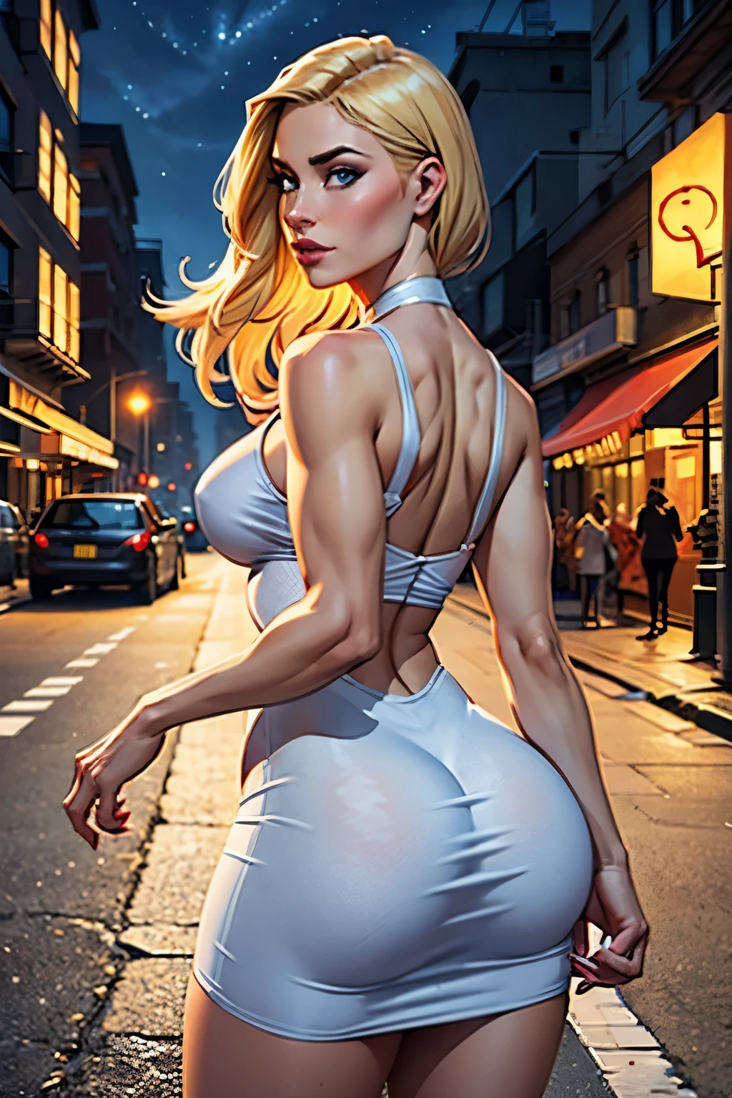 ((best qualityer, 8K, work of art: 1.3)), whole body, sharp focus: 1.2, Outstanding Beauty: 1.4, slendered abs: 1.2, (((blond, big fit ass: 1.2)), regatta dress: 1.1, (nighttime city, Street: 1.1), Highly detailed texture of face and skin, detailedeyes, Double eyelids