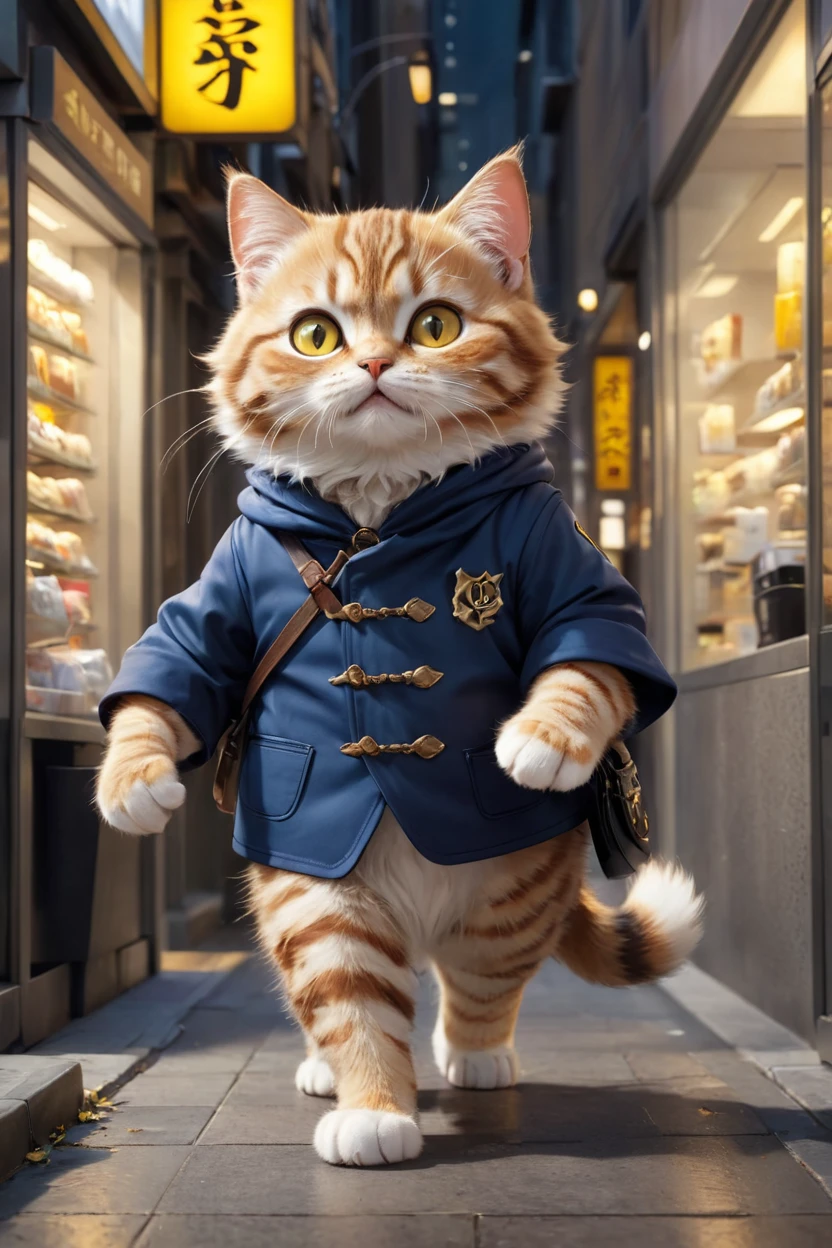 small, There are no humans in this world、The world of anthropomorphized cats、かわいいbornき物,Anthropomorphic３Cats are robbing a bank、 Both the bank staff and the bank customers are cats wearing anthropomorphic clothing.、whole body,Walking through a peaceful modern city, Costumes,、 Fantasy art, Exquisite detail, An anthropomorphic, fat, furry tabby kitten with yellow eyes, Movie Scenes, Dramatic shot angles, , Realistic, born々Amazing cinematic photorealism, Action Portrait, 8K, detailed, Full Frame