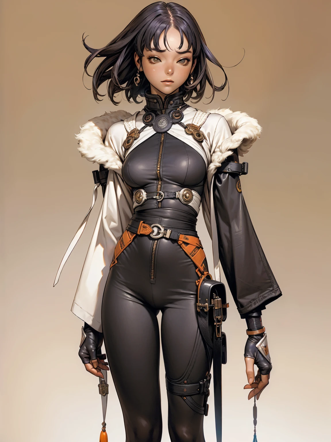 (((black))), (((best qualityer: 1.4))), (((Afro))), (((DuneWalker))), (((post-apocalypse))), (Unbeatable masterpiece), (hiper HD),(CG 8k hyper-realistic), (((breasts big))), (((hyper feminine))), sensuous girl, (bob hair with straight bangs), ((( sculptural body ))), (((1 girl))), 20 year anime girl with perfect body, Beautiful and well-groomed face, slanted eyes, muscular body:1.2, costume with textured details in pixel art, (Head to thigh photos)，modern samurai pants, Complex equipment, rot, cerulean, yellow, orange, Violette, long pants，Tight, dark clothes，With white stars and white stripes, Metal parts in armor, afro girl, (((standing alone))), pirralha violent, (((14歳))), sensuous, pose de atitude, work of art, post-apocalypse, (((manga style))), Bounty Hunter, violent, Manic, the way you want, slenderbody, thin but strong, perfectbody, roupa moderna, Advanced technology, short shorts with checkered pattern in red and black, fur collar jacket, sleeves with vertical striped pattern, neutral background