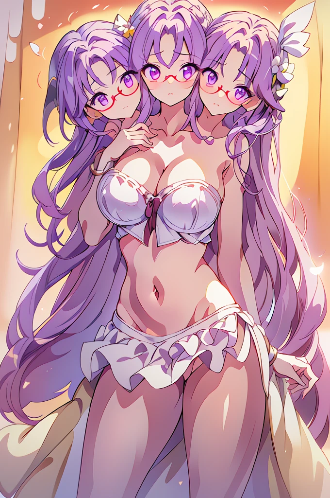(masterpiece, best quality), best quality, (ultra-detailed), (3heads:1.5), 1girl, (rikako asakura:1.3), masterpiece, best quality, ultra quality, ultra resolution, ultra detail, white top, crop top, ((stomach)), midriff, ((groin)), white skirt, normal ears, shackles, purple hair, shoulder-length hair, flowing hair, very long hair, wavy hair, sidelocks, purple eyes, detailed eyes, parted lips, sweat, cute, open belly, toned belly, hand on own chest, eyelashes, (24 year old woman:1.3), (masterpiece:1.5), (best quality:1.5), (beautiful detailed), extremely detailed CG, extremely delicate and beautiful, depth of field, (finely detailed face), (perfect details:1.2), (mature female:1.3), wide pelvis, slender, large veiny breast, 16k resolution, highres, very high quality, very high definition, extremely detailed, masterpiece, purple hair, long hair, alluring presence, braid, short skirt, close up, very big tits, huge tits, young, white ribbon in her hair, small round glasses, cute nerd,