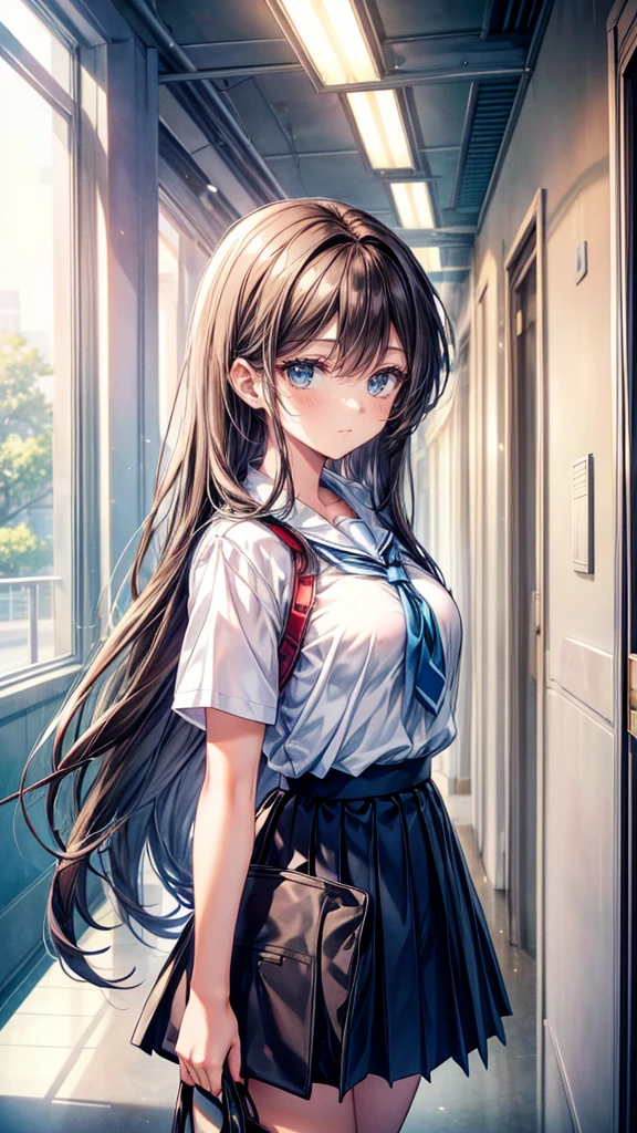 A beautiful 18-year-old girl looks at the viewer, long beautiful dark brown hair, beautiful light blue eyes, white and blue school shirt, blue-black school skirt, medium breast, cute face, gentle eyes, light smile, school hallway, anime, high detail, ultra-high quality, 8K