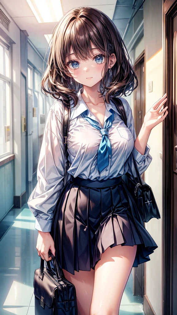 A beautiful 18-year-old girl looks at the viewer, long beautiful dark brown hair, beautiful light blue eyes, white and blue school shirt, blue-black school skirt, medium breast, cute face, gentle eyes, light smile, school hallway, anime, high detail, ultra-high quality, 8K