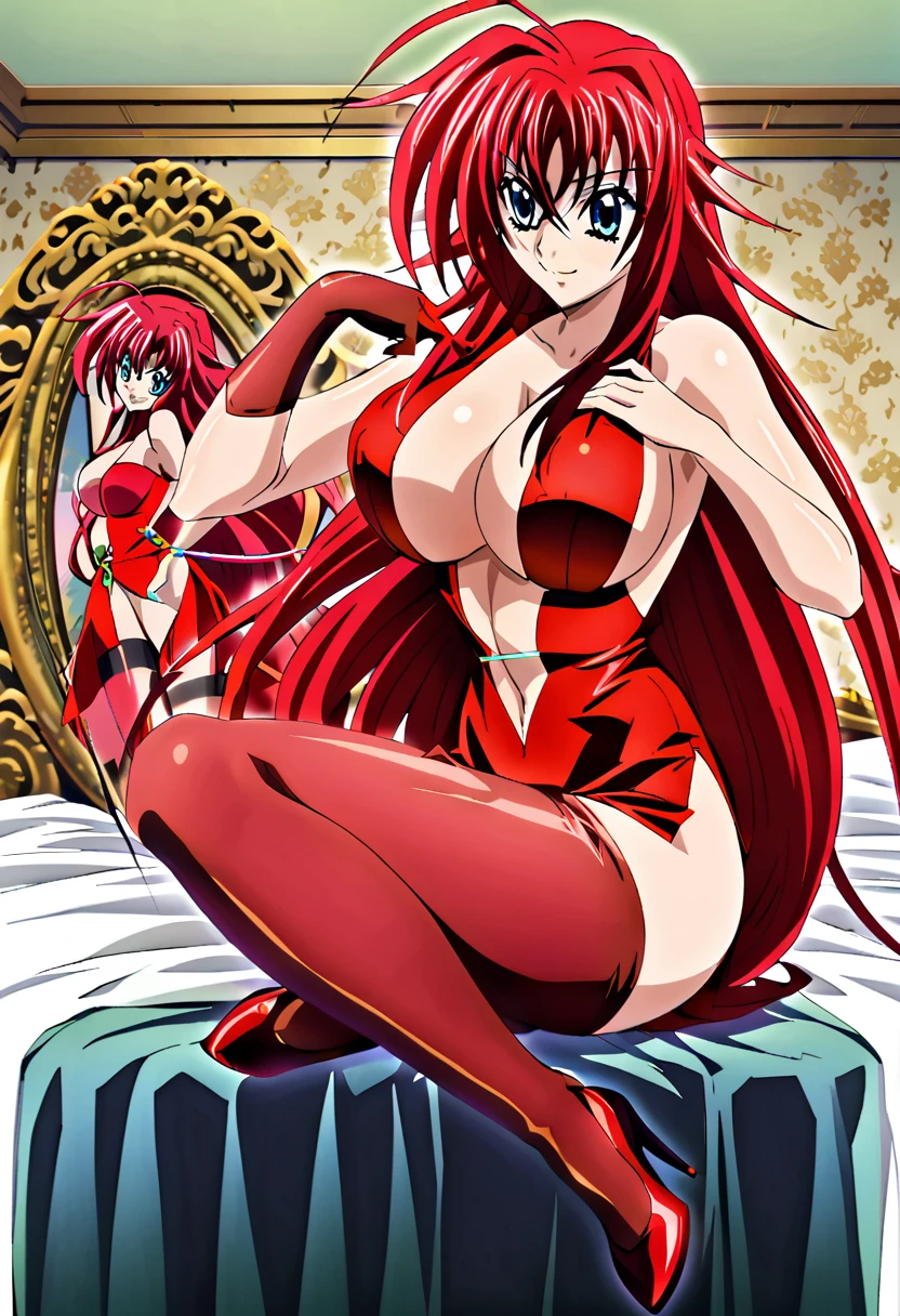 2female,multiple characters,2 girl, red tight dress, red stockings,red heels,red arm stockings,, bedroom on background, smiling,, perfect body, full body, smiling, red tight dress, rias gremory, mitsuri kanroji