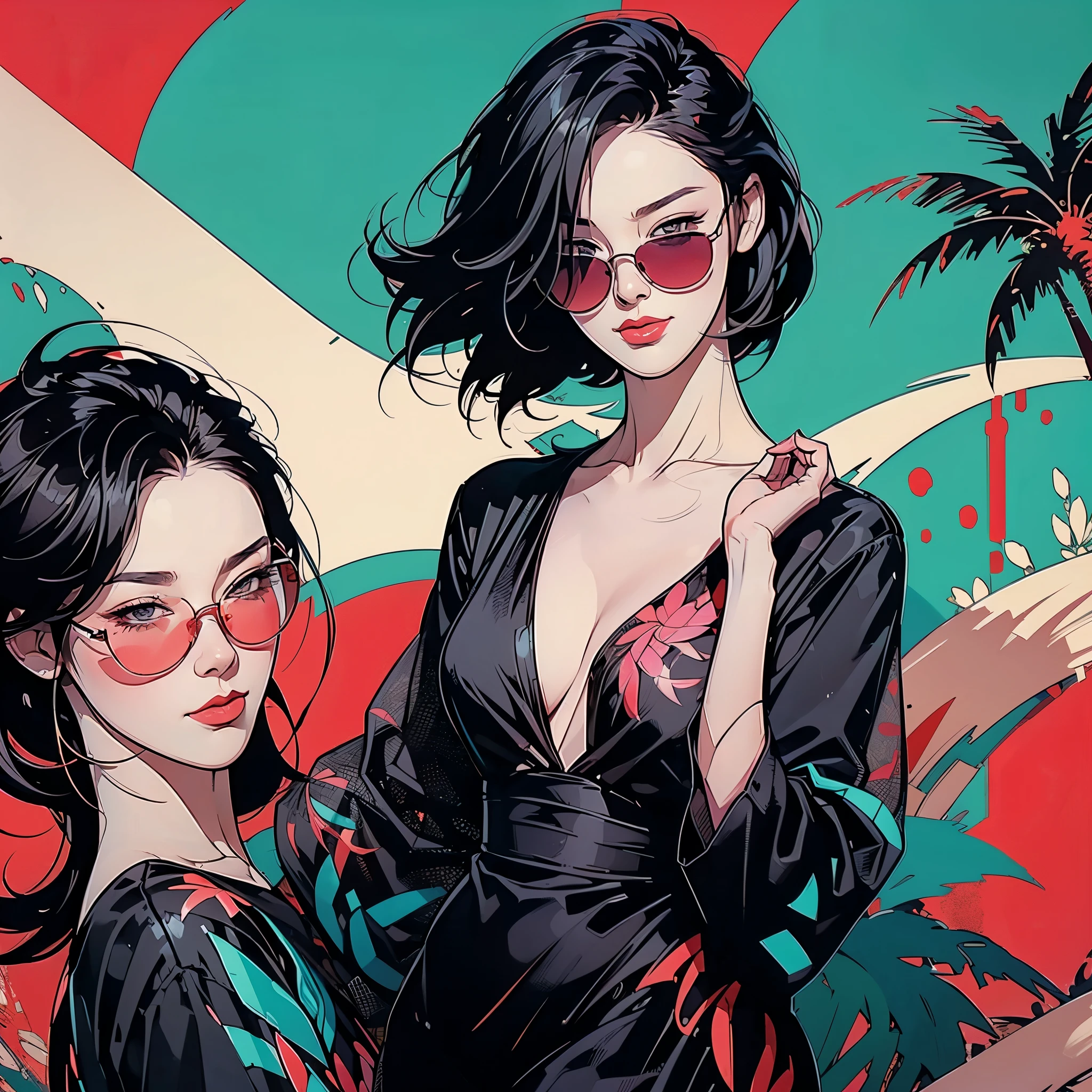 woman in a dress standing in front of simple background, up close, ((Art style by Patrick Nagel)), ((8k, wallpaper, detailed)), dark sunglasses, korean pop-star, black hair, pretty hands, fringe, simple red background, palm trees, (graffiti wall:1.2), strong, courageous, art by Patrick Nagel, album art cover