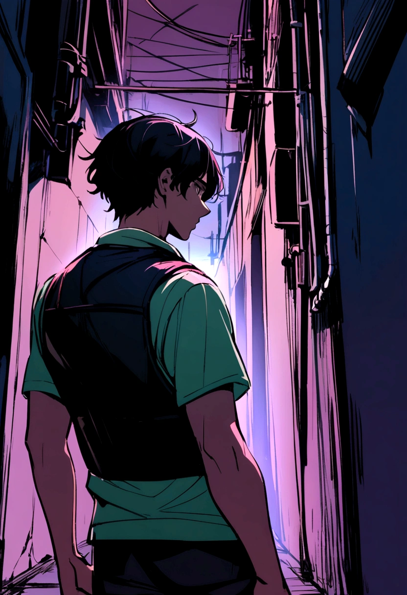 a man facing back, neck-length black hair, wearing a t-shirt and courier vest, against a dark alley