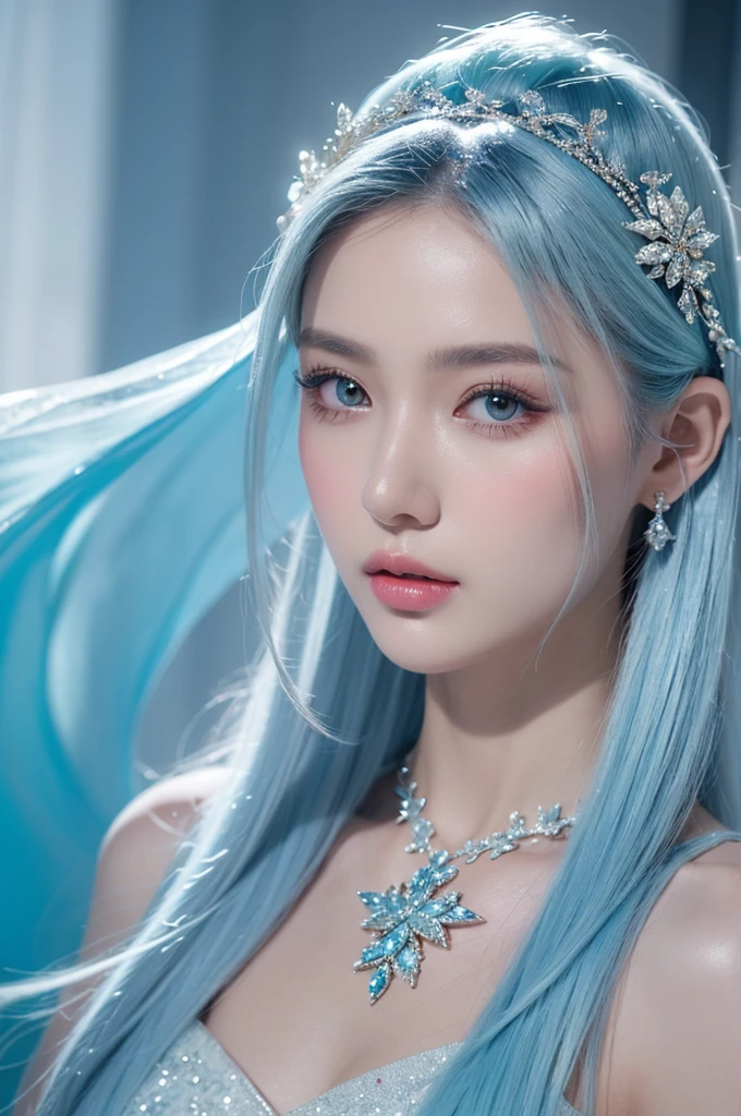 ((masterpiece)), ((best quality)), 8k, high detailed, ultra-detailed,1girl, high fashion photography, cool color palette, ice crystal theme, ethereal, soft natural lighting, fantasy-inspired, translucent materials, delicate makeup, Chinese female, young adult, elegance, serene expression, conceptual fashion, intricate hairstyle, gleaming skin, photographic quality, depth of field, glittering accessories, ice queen concept, blue-white tones, fine art portrait, indoor setting
