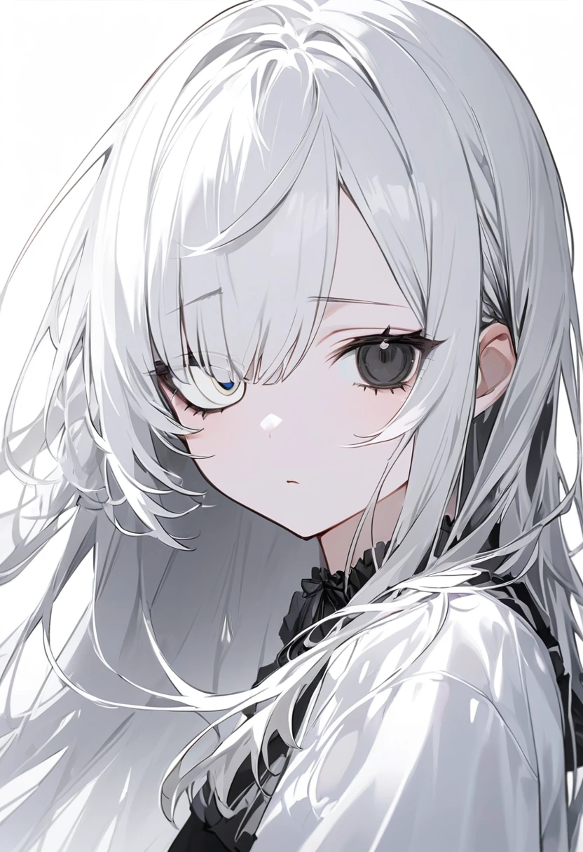 Black and White、Girl、Black and white hair、Black and white mixed、Black and white mixed髪、Half Black、Half white、Long Hair、Odd Eye、Odd Eye 左目が白色 右目が黒色、Left eye is white、Left eye is white、Right eye is black、Right eye is black、全体的に黒と白が混ざったGirl、Black and WhiteのGirl、White background、白と黒のGirl、White Room、黒色と白色のGirl、emotionless、Calm