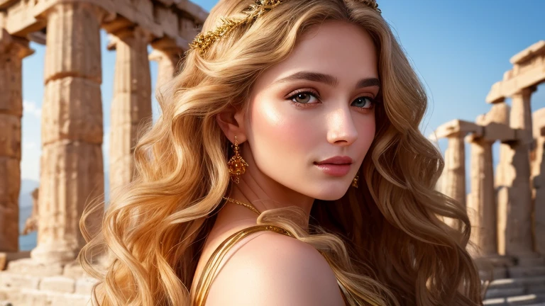 Beautiful woman, radiant and ethereal, posing as a Greek goddess, (Extra long wavy golden locks cascading down her back), ((Portrait)), ((Detailed face:1.2)), ((detailed facial features)), (finely detailed skin), olive complexion, , draped in an elegant toga, Mythological environment, Standing in front of a backdrop of breathtaking ancient ruins, (warm color palette), serene, shimmering, Reflectorasquerading as the goddess Aphrodite) (perfectly proportions)(photos realistic)(Best Quality) (Detailed) photographed in a Canon EOS R