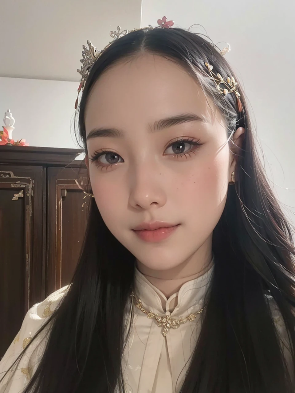 best quality, masterpiece, high resolution, 1 Girl, ancient Chinese pink skirt, Pretty Face, Chinese Clothing, There is no original picture of the bow, elegant, noble, crown, Thin legs, Fairy, Hair accessories, Solitary, Looking at the audience, Smile, Residence, Lips, skirt, Hair accessories, necklace, Jewelry, Long hair, earrings, architecture, east asian architecture