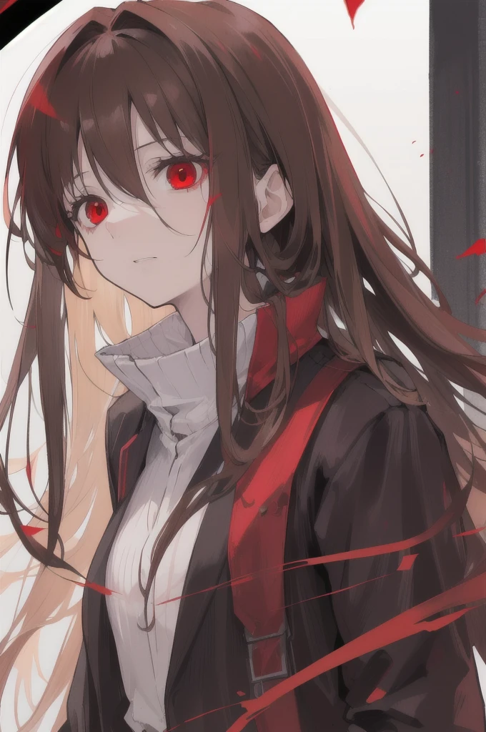 woman, long straight light brown hair, red eyes, with old clothes, dark inhabitant of terror, alone, scary face